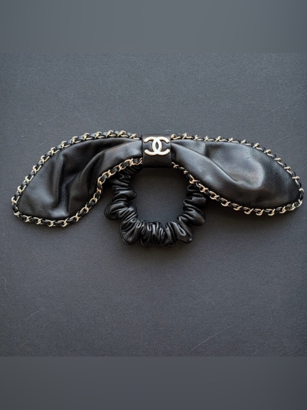 🖤 ChaneI Black Gold Chain Leather Bow Hair Scrunchie Pull Back Accessory 90s